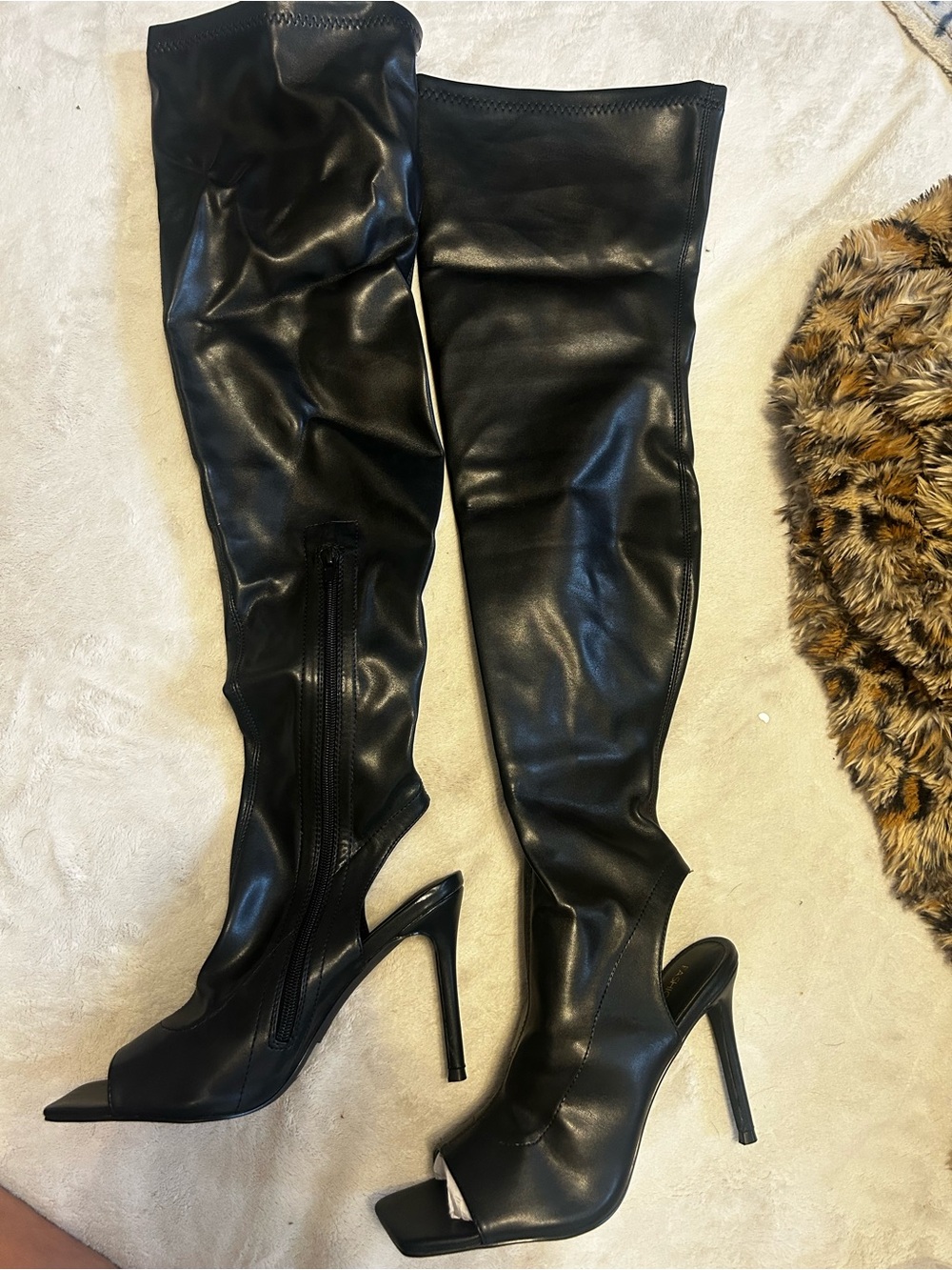 Fashion Nova Black Over-the-Knee Peep-Toe Stiletto Boots
